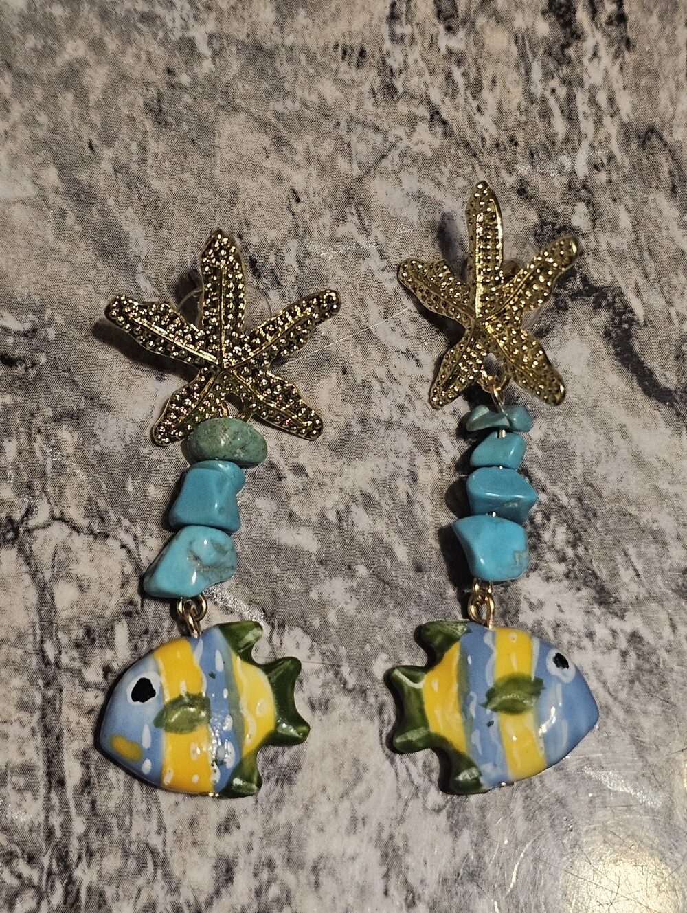 Gold Tone Colorful Fish & Starfish Dangle Earrings
